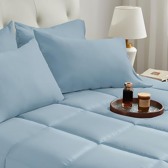 SunStyle Home Light Blue Full/Queen Comforter Set - 7 Pieces Bed in a Bag, Lightweight Goose Down Alternative Bedding Sets with All Season Comforter, 1 Flat Sheet, 1 Fitted Sheet, 4 Pillowcases