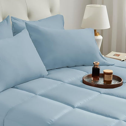 SunStyle Home Light Blue Full/Queen Comforter Set - 7 Pieces Bed in a Bag, Lightweight Goose Down Alternative Bedding Sets with All Season Comforter, 1 Flat Sheet, 1 Fitted Sheet, 4 Pillowcases
