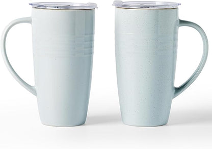 famiware Jupiter Large Coffee Mug, 20oz Coffee Mug with Lid, Ceramic Mugs Set of 2, Cup Set with Handle for Latte, Tea, Cocoa, Milk, Home & Office, Microwave and Dishwasher Safe, Light Blue