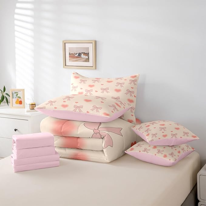 Erosebridal Bowknot Love Hearts Pink Girls King 7-Piece Comforter Set | Bow Kids Kawaii Sheets and Pillowcases Cute Ribbon Bed in A Bag Light Yellow Bed Sets