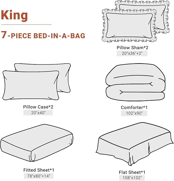 JOLLYVOGUE King Size Comforter Set 7 Pieces, Burnt Orange Bed in a Bag Comforter Set for Bedroom, Bedding Comforter Sets with Comforter, Sheets,Ruffled Shams & Pillowcases