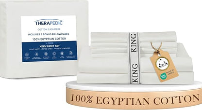 Therapedic 100% Egyptian Cotton King 6-Piece Sheet Set – Naturally Cooling & Breathable Sateen, Preshrunk Garment Wash, 16" Deep Pocket Fitted Sheet, Bonus Pillowcases, Soft & Durable - White