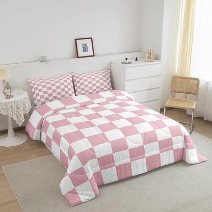 Feelyou Checkered Bedding Set Teen Women Men Pink Plaid Comforter Set Queen Size Kids Boys Girls Cute Retro Neutral Checkerboard Geometric Duvet Insert Vintage Aesthetic Room Decor