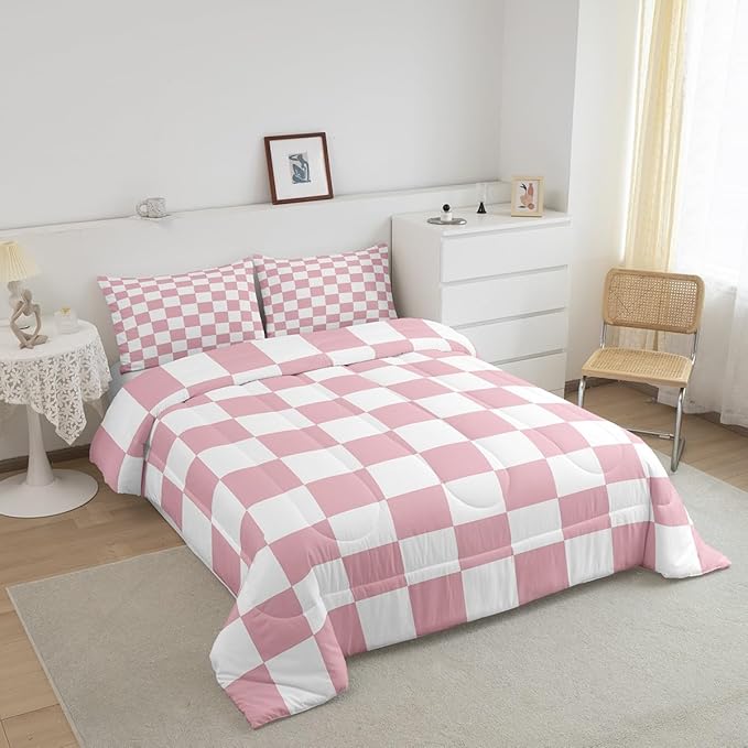 Feelyou Checkered Bedding Set Teen Women Men Pink Plaid Comforter Set Toddler Size Kids Boys Girls Cute Retro Neutral Checkerboard Geometric Duvet Insert Vintage Aesthetic Room Decor