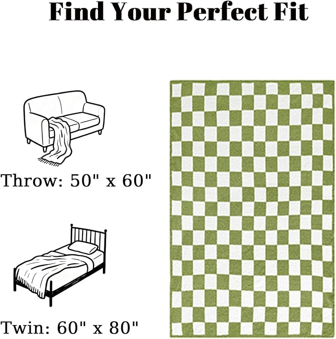 MorroMorn Checkered Blanket for Couch Bed Sofa Chair, Green Throw Blanket 2-Layers Soft Cozy Fleece Plaid Blankets Checkerboard Grid - Fluffy Fuzzy Plush Warm Home Decor, 60x80 inches