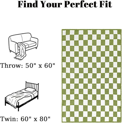 MorroMorn Checkered Blanket for Couch Bed Sofa Chair, Green Throw Blanket 2-Layers Soft Cozy Fleece Plaid Blankets Checkerboard Grid - Fluffy Fuzzy Plush Warm Home Decor, 60x80 inches