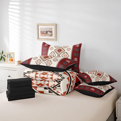 Erosebridal Vintage Western Bed in A Bag Queen 7 Pcs Exotic Geometric Aztec Comforter Set for Kids Teens Farmhouse Bohemian Mexican Style Bedding Sets Native Southwestern Sheet Set with Comforter