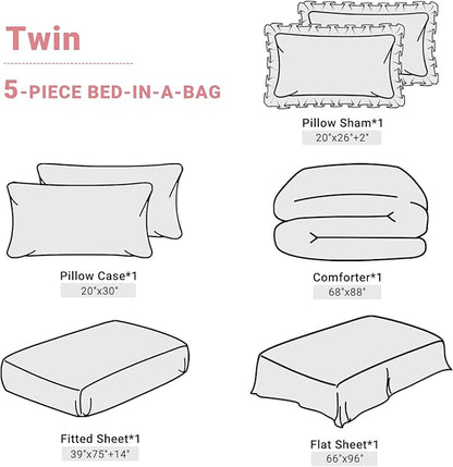 JOLLYVOGUE White Twin Size Comforter Sets 5 Pieces, Pintuck Bed in a Bag Comforter Set for Bedroom, Bedding Comforter Sets with Comforter, Sheets,Ruffled Shams & Pillowcases