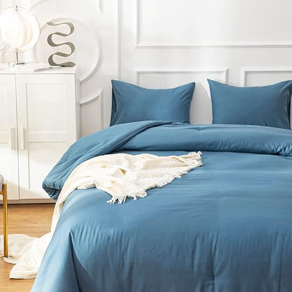 Cottonight Blue Comforter Sets Full Lake Blue Bedding Set Blanket Quilt Solid Color Modern Breathable Soft Full Bedding Comforter Sets for Women Men
