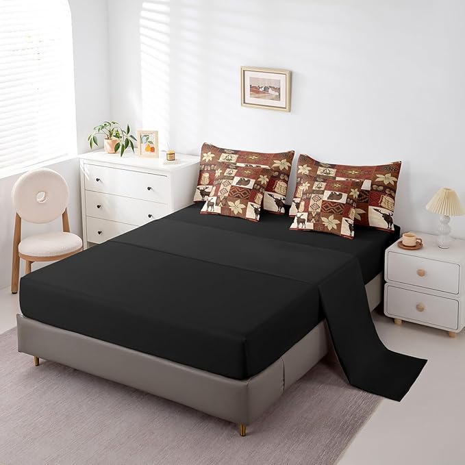 Erosebridal Buffalo Plaid 7 Piece Comforter Set Cabin Decor,Bear Elk Deer Wild Animal Bedding Sets Fall Leaves Pine Cones Bed Sheets Wildlife Hunting Theme Quilt Bohemian Floral Bed in a Bag,Full