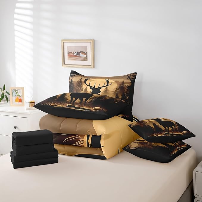 Erosebridal 7 Pieces Deer Silhouette Bedding Set King Size for Men - Woodland Hunting Deer Comforter Set with Sheets for Kids Boys Girls Rustic Farmhouse Cabin Bed in A Bag Brown Black Animal Decor