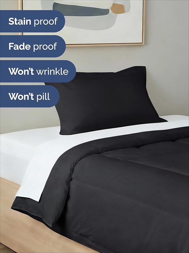 Twin XL Comforter Set - 2 Piece Bed Set for All Seasons - 1 Soft Quilted Comforter with Corner Tabs & 1 Pillow Sham - Comfy & Breathable - Premium Down Duvet Insert - Oeko-TEX - Twin XL Size, Black