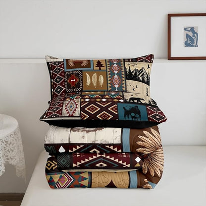 Erosebridal Western Decor,Woodland Wildlife Comforter Set Bear Moose Elk Boho Western Bedding Sets King,Ethnic Tribe Feather Quilt Geometry Aztec Duvet Insert,Rustic Farmhouse Vintage Bedroom Decor