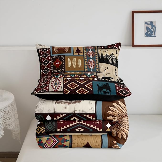 Western Bedding Sets Wild Bear Elk Deer Quilt,Ethnic Tribal Arrow Bohemian Comforter Set Woodland Animals Duvet Insert Full,Retro Rustic Farmhouse Decor,Geometric Diamond Triangle Southwestern Decor