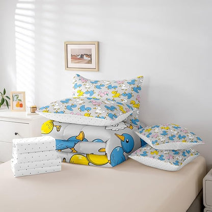 Erosebridal 7 Pcs Duck Comforter Set Full Size,Cartoon Duck Bed in a Bag with Flat Sheet and Fitted Sheet for Kids and Adults,Farm Animal Bedding Set with Pillowcases and Cushion Cases Breathable