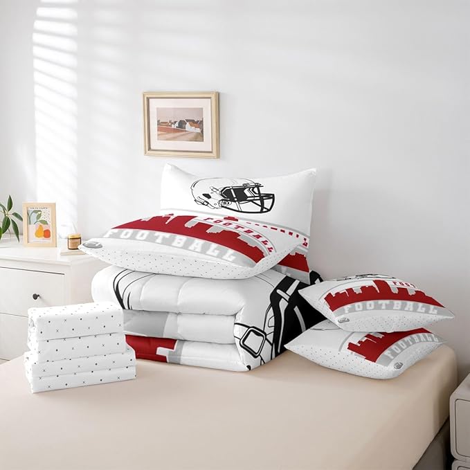 Erosebridal Football 7 Pcs Comforter Set Queen Football City Bedding for Men Boys Red Grey Football Fans Sheet Set Bed in A Bag Rugby Game Room Decor Sports Ball Competition Quilt