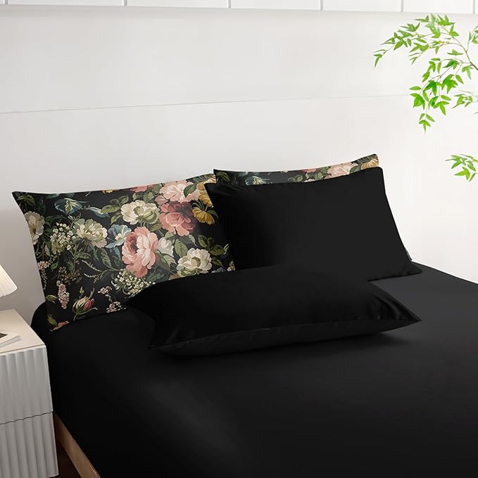 Black Floral Comforter Set Queen Colorful Floral Bedding Sets 7PCS,Light Colorful Flower Bedding Set 7 Piece in A Bag,Bed Sheet Set Flower Decor,Microfiber Ultra-Soft Lightweight Microfiber