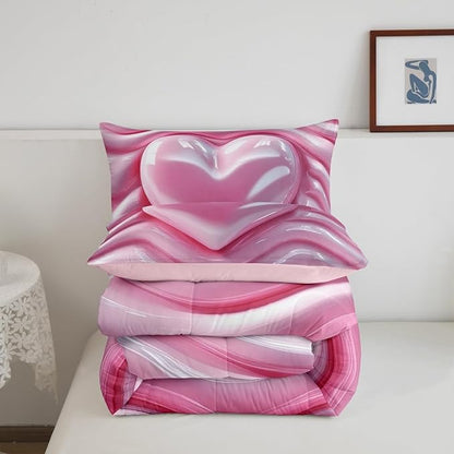 Erosebridal 3D Love Heart Bedding Set Toddler Size, Kawaii Decor Down Comforter for Kids Teens Girls Women Room, Pink Girly Comforter Set, Abstract Quilt, Soft Microfiber Decor