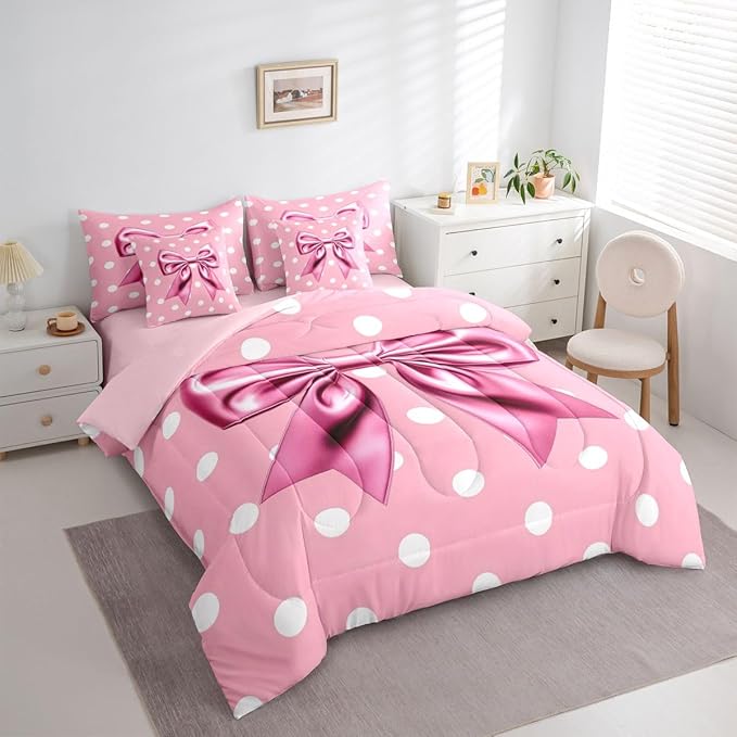Feelyou Pink Bowknot 7 Piece Bedding Set Polka Point Comforter Set with Sheets for Kids Boys Girls Cute Bow Bed in a Bag Princess Theme Bed Set Soft Lightweight