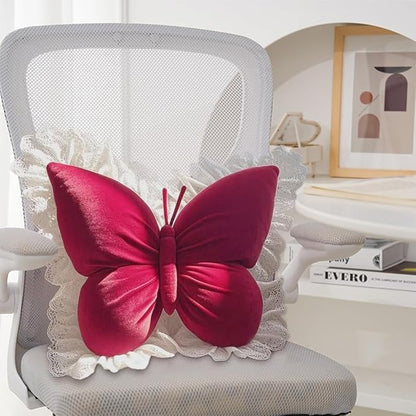 Butterfly Throw Pillow,21.6 inch Velvet Butterfly Decorative Pillow with Lace Trim,Animal Pillow for Couch Living Room Bed,Home Garden Decor (Red)