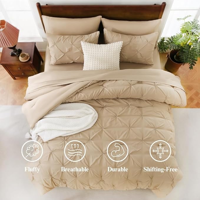 Sheet&Joy Full Size Comforter Set,7-Piece Bed in a Bag Double, Pintuck Bedding Set for All Season, Includes Comforter, Flat Sheet, Fitted Sheet, Pillowcases and Pillowshams, Khaki