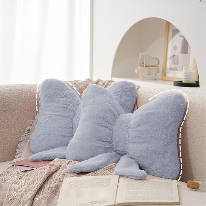 2Pack Soft Furry Bow Throw Pillows Cute Bowknot Plush Pillow Home Decor Stuffed Bow Lumbar Pillow for Bed Couch Living Room Decor (Grey)
