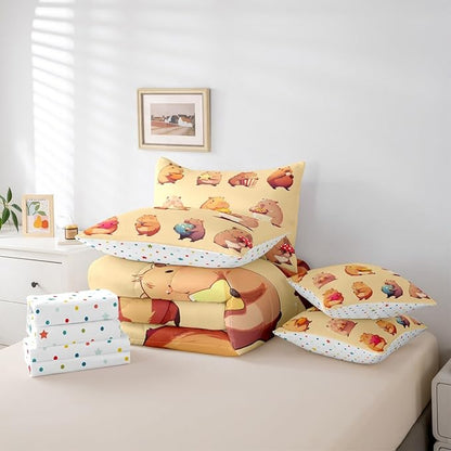 Erosebridal Funny Capybaras 7 Pieces Bedding Set Full,Capybara Lover Bed in a Bag,Cartoon Rodents Bed Set Includes Comforter,Sheet Set,Pillowcases & Pillow Covers,Yellow Khaki Capybara Bedroom Decor