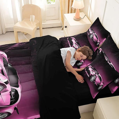 Feelyou Sports Car 7 Piece Bedding Set Pink Race Car Comforter Set with Sheets Kids Boys Girls Extreme Sports Theme Bed in a Bag Cool Speed Luxury Car Decor Bed Set with 2 Pillowcases Full Size