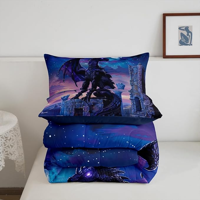 Feelyou Dragon Comforter Set King Size Moon Light Dragon Comforter for Boys Girls Teens Gothic Bedding Set Wildlife Duvet Set Room Decor Acid Blue Quilt Set