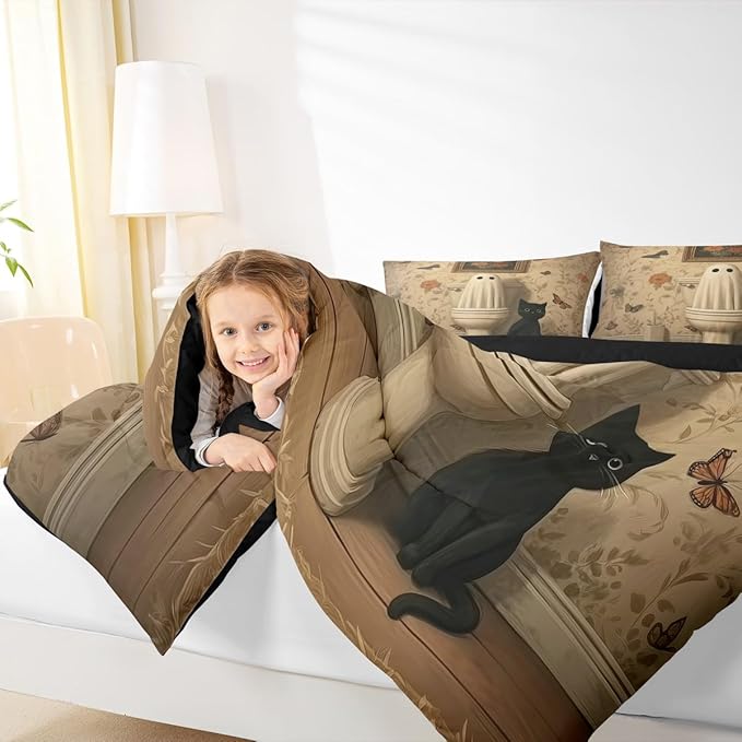 Erosebridal Halloween Cat Full Bedding Set, Halloween Ghost Comforter Set, Vintage Bohemia Comforter, Retro Antumn Funny Gothic Quilt for Kids Boys Girls Women Men Gothic Bedroom Decor, Microfiber