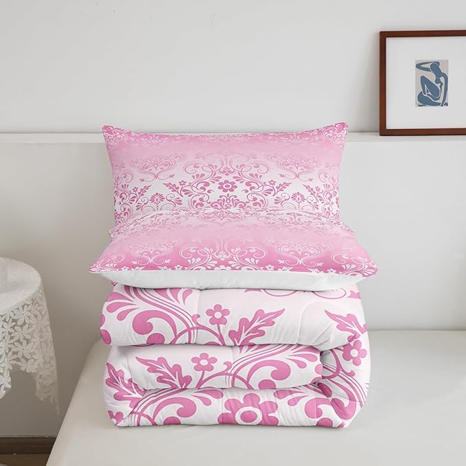 Feelyou Adults Pink Vintage Damask Floral Comforter Set Oriental Antique Comforter Full Size Gothic Bohemia Boho Flower Bedding Set Bohemian Exotic Duvet Set Quilt Set 3Pcs