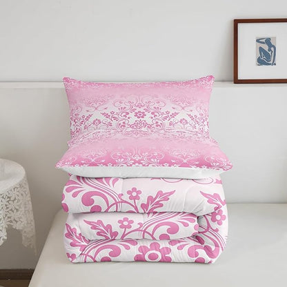 Feelyou Adults Pink Vintage Damask Floral Comforter Set Oriental Antique Comforter Full Size Gothic Bohemia Boho Flower Bedding Set Bohemian Exotic Duvet Set Quilt Set 3Pcs