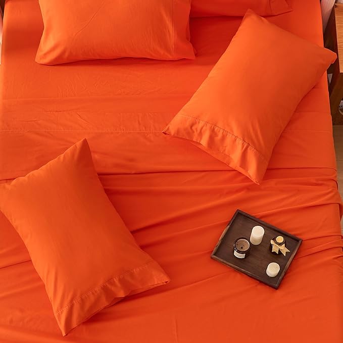 Bedlifes 100% French Linen Sheets California King Size 18-24" Extra Deep Pocket 4-Piece Set Breathable & Moisture-Wicking,Soft & Durable Sheets for Thick Mattresses(Orange)