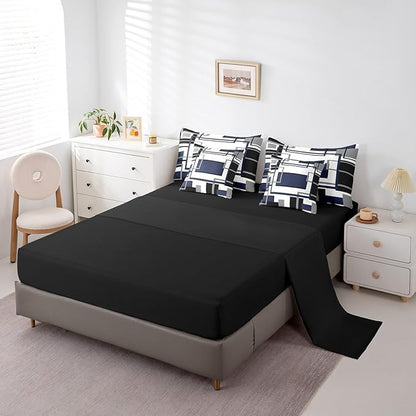 Erosebridal 7Pcs Navy Blue Black Comforter Set Full,Geometric Bed in A Bag for Women Men,Minimalist Modern Striped Square Bedding with Bed Sheets,Vintage Boho Art Stripes Quilt Set with Pillowcases