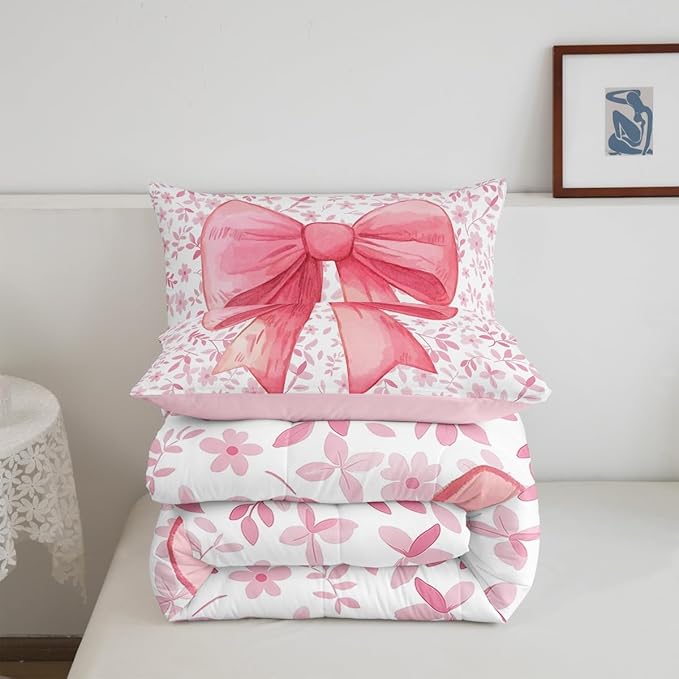 Erosebridal Cute Princess Girls Bedding Comforter Sets Kawaii Bowknot Bedding Set Twin for Kids Teen Women,Fantasy Pink White Flower Plant Comforter Set Watercolor Bow Duvet Insert 2 Pcs