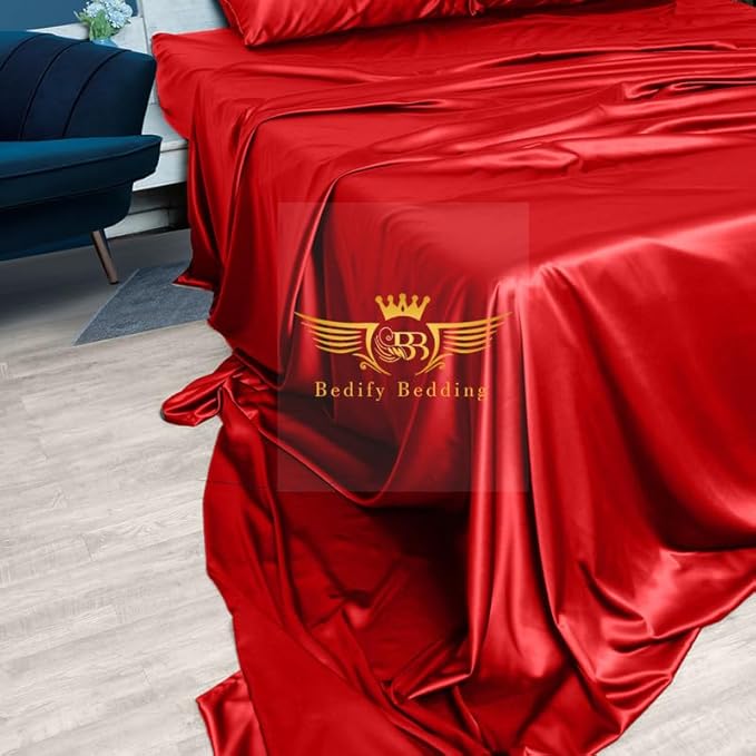 100% Pure Silk Satin Sheet Set 4pcs, Silk Fitted Sheet 15" Deep Pocket Mattress fit,Silk Flat Sheet&Silk Pillowcases Set Soft Silk Sheets|Wrinkle Free Fade Resistant (Blood Red/Full)