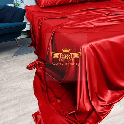 100% Pure Silk Satin Sheet Set 4pcs, Silk Fitted Sheet 15" Deep Pocket Mattress fit,Silk Flat Sheet&Silk Pillowcases Set Soft Silk Sheets|Wrinkle Free Fade Resistant (Blood Red/Full)