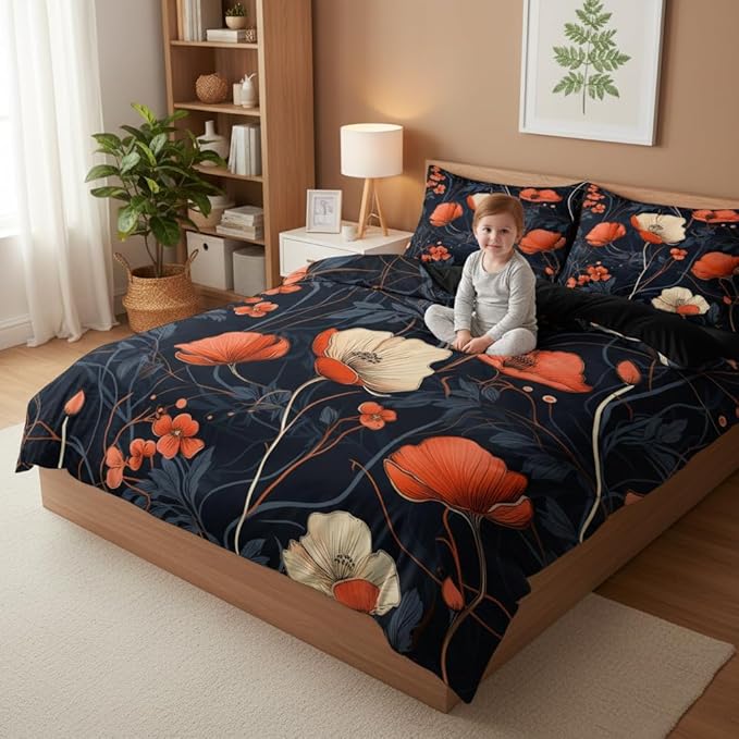 Black Floral Comforter Set Full Size, Gothic Botanical Bedding Set, 3 Pieces Leaf Plants Bedroom Decor with 2 Pillowcases/79 * 90