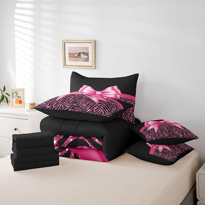 Feelyou Pink Bowknot 7 Piece Bedding Set King Size Glitter Print Comforter Set with Sheets for Kids Girls Adult Cute Bowknot Bed in a Bag Black Silver Bed Set