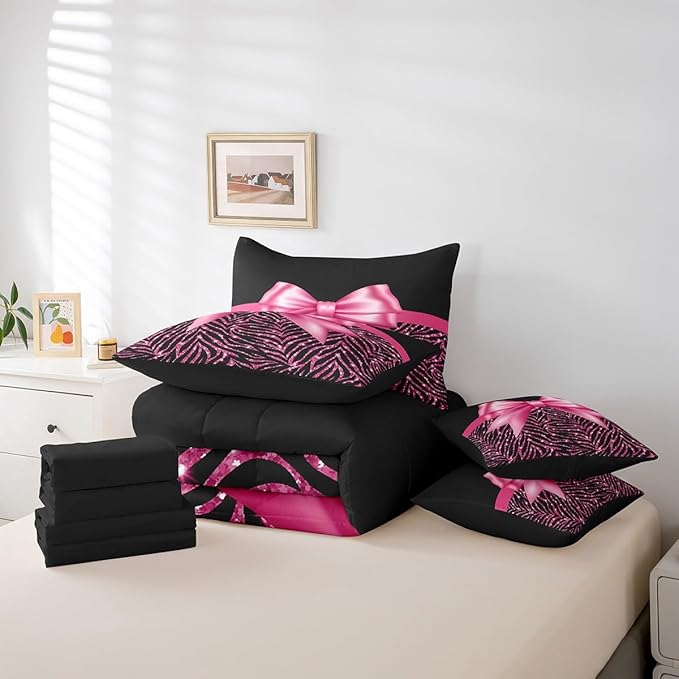 Feelyou Pink Bowknot 7 Piece Bedding Set Full Size Glitter Print Comforter Set with Sheets for Kids Girls Adult Cute Bowknot Bed in a Bag Black Silver Bed Set