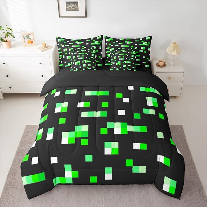 Castle Fairy Green Miner Grid Comforter Sets - 7 Pieces Full Size,Pixelated Blocks All Season Reversible Bed in a Bag Geometric Square Bedding Set Pixel Theme Flat Sheet,Fitted Sheet,Pillowcases