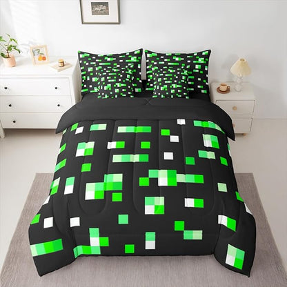 Castle Fairy Green Miner Grid Comforter Sets - 7 Pieces Full Size,Pixelated Blocks All Season Reversible Bed in a Bag Geometric Square Bedding Set Pixel Theme Flat Sheet,Fitted Sheet,Pillowcases