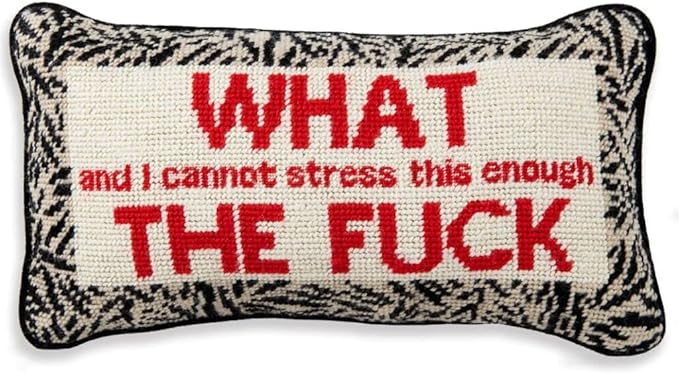 FURBISH Needlepoint Decorative Throw Pillow - WTF - 8" x 14" - Small Embroidered Accent Pillow for Bed, Chair, Couch, Sofa - Eclectic Home Decor
