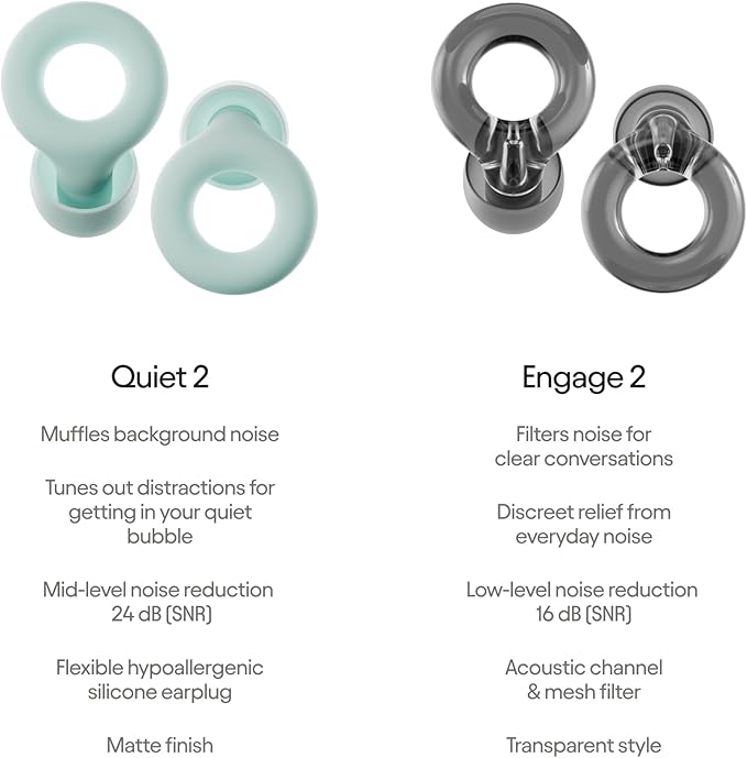 Loop Everyday Bundle (2-Pack) Quiet 2 + Engage 2 | Reusable Ear Plugs for Sleep, Focus, Noise Sensitivity, Socializing & More | 24 dB/16 dB Noise Reduction