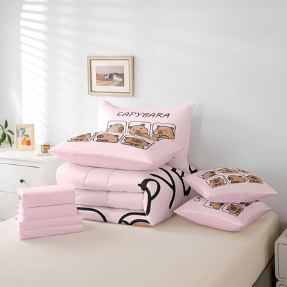 Erosebridal Kids Capybara 7 Pieces Bedding Set Twin Size,Cute Rodent Animal Bed in a Bag,Capybara Lovers Bed Set Includes Comforter,Sheet Set,Pillowcases & Pillow Covers,Cartoon Animal Bedroom Decor