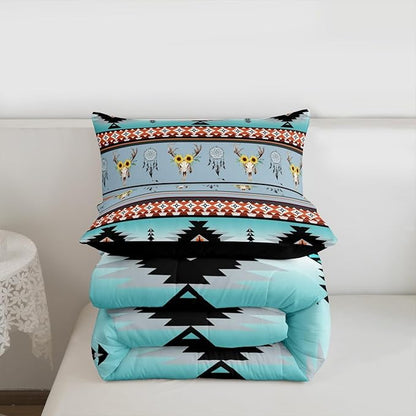 Erosebridal Western Comforter Set King,Southwestern Bedding Sets Exotic Sunflower Bull Skull Quilt,Dream Catcher Aztec Duvet Insert Tribe Feather Western Animals Boho Decor Teal