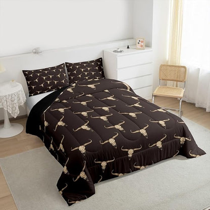 Erosebridal Bull Skull Comforter Set Queen Ethnic Bohemian Bedding for Men Boys | Tribal Steer Skull Wildlife Aztec Bedroom Decor Farmhouse Cabin Lodge Duvet Insert with 2 Pillow Cases,Brown
