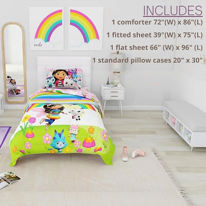 DreamWorks Gabby's Dollhouse Cakey, Mercat and Pandy Kids Bedding Super Soft Comforter and Sheet Set, 4 Piece Twin Size, (Official Licensed Product) by Franco
