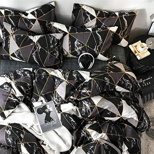 CLOTHKNOW Black White Marble Comforter Set King Size Triangle Plaid Bedding Comforter Set All Season Geometric Comforter