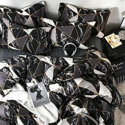 CLOTHKNOW Black White Marble Comforter Set King Size Triangle Plaid Bedding Comforter Set All Season Geometric Comforter